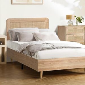Oikiture Wooden Bed Frame with Rattan Headboard King Single Size Bed Frame