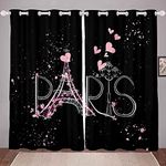Paris Curtains for Bedroom Living Room Eiffel Tower Window Curtains Black Pink Girls Room Decor (30-50% Blackout Curtain) Romantic Window Drapes Kids French Window Treatments 52x90 Inches,2 Panels