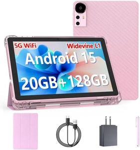 Android 15 Tablet 10 inch Tablets, 20GB RAM 128GB ROM 2TB Expand, 2.0Ghz CPU Quad-Core Processor Tablet PC with Case and Stylus, 5G WiFi6, BT5.0, 6000mAh Battery, Dual Camera, Widevine L1, GMS, Pink
