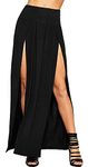 Crazy Girls Womens Long Double Split High Waist Ladies Plain Jersey Stretch Two Side Slit Maxi Skirt (16-18, Black)