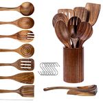 WOODme Teak 9pcs Wooden Spoons for Cooking Natural Wood Kitchen Utensils Set with Utensils Holder, Wooden Utensils for Cooking Including Wooden Spoon Rest and Comfort Grip - Ideal for Home Cooking