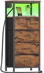 Furnulem Dresser for Bedroom, Tall Nightstand, Vertical Chest with Wood Top, Charging Station, LED Lights, 5 Fabric Bins, Bedside Table with Shelf, Furniture for Entryway (5 Drawer, Rustic Brown)