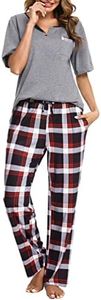 Bresdk Women Pyjama Set Cotton Checked Short Sleeve Loungewear 2 Pieces V-Neck Top & Bottom Sleepwear Soft Nightwear with Pockets Ladies Pjs Set Grey M