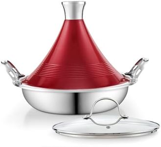 Cooks Standard Moroccan Tagine Pot 3.6 Qt, 11 Inch Multi-Ply Clad Stainless Steel Pan with Dual Handles, Clay Pot Alternative for Slow Cooking, with Conical Die-Cast Aluminum & Glass Lid, Red