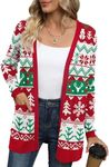 LILBETTER Womens Casual Lightweight Long Sleeve Open Front Cardigan Sweaters with Pockets(Red Green Christmas Elements Small)