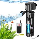 Aquarium Filter U-V Light w/Timer for 40-150 Gal. Fish Turtle Tank, 8W U-V 24W Silent Canister Internal Filter Submersible Power Pump Air Supply Saltwater Freshwater Green Clean Machine Green Killing