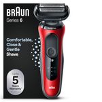Braun Series 6 Electric Shaver For Men, Cordless Foil Razor with SensoFlex, Wet & Dry, Rechargeable, 60-R1000s, Red