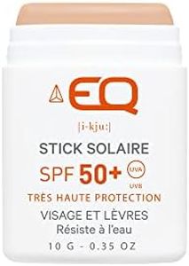 EQ Stick Solar Bio SPF50+ Cara y Labios – Protector solar natural, ecológico – Stick SPF 50 Ideal para Surf, Esquí y Tatuajes – 10 g Tinte Beige – Diseñado para deportistas – Fabricado en Francia