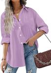 HOTOUCH Women Collar Shirt Casual Button Up Blouse Office Boyfriend Long Sleeve Tops with Pockets Purple M