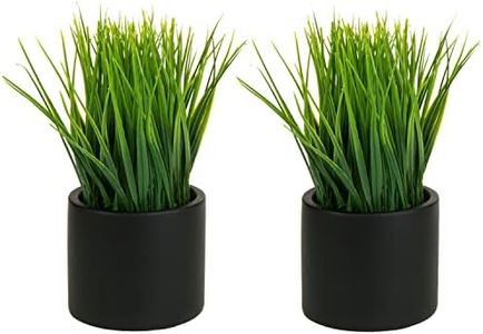 MyGift Tabletop Artificial Green Grass Plants in Modern Round Black Cement Pots, Set of 2