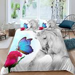 Homewish Butterfly and Flower Decor Bedding Set for Kids Teens White Horse Comforter Cover (No Comforter) Soft Polyester Duvet Cover Set (1 Duvet Cover + 2 Pillow Cases) King Size