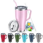 KETIEE 30oz Tumbler with Straw and Lid, Travel Mug Coffee Tumbler with Handle, Insulated Tumbler Cup with 2 Lids, Stainless Steel Vacuum Travel Coffee Mug Water Bottle for Hot and Cold Drink, Pink