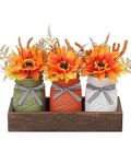 Fall Mason Jar Centerpiece for Table with Wood Tray & Artificial Flowers, Set of 3 Mason Jars Farmhouse Decor Painted Decorative Jars for Thanksgiving Home Decor, Kitchen Table Centerpiece