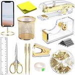 piqfpo Gold Desk Accessories, Acrylic Stapler, Staple Remover, Tape Holder, Pen Holder, Ballpoint Pen, Scissor, Binder Clips, Staples, Phone Holder, Ruler, Transparent Glue and Sticky Notes (00012)