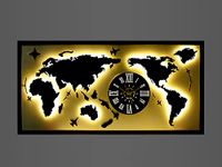 METSYMetal Laser Cut (World Map with Analogue Clock) Wall Hanging World map Attached Analogue Clock with LED Strip Lighting (Black & White_4*2)