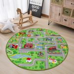 Capslpad Kids Play Mat Non-Slip Kid Rug Playmat for Toy Cars Washable City Town Roads Kids Play Rug Interactive Car Play Floor Carpet for Kids Nursery Room Playroom Bedroom Decor, Round 120cm