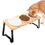 AUTOWT Elevated Cat Bowls, 15°Tilted Raised Cat Food Bowl with 3 Ceramic Dishes and Bamboo Stand Feeding Station Provides Optimal Eating Position, for Indoor Cats Pet Food and Water, Easy Assembly