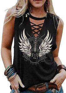 Guitar Wings Tank Tops for Women Retro Country Music Shirt Rock Guitar Graphic Tees Casual V Neck Sleeveless Vest Cami, Black1, XX-Large