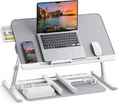 Laptop Bed Table, SAIJI 100% Eco-friendly wooden planks, Laptop Stand with Drawer, Folding Legs, 40kg Load, Angle Height Adjustable, Reading, Eating on Bed, Sofa (Grey 23.6 * 12.6in)