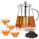 Pluiesoleil 950ML Square Glass Teapot 4 Cups Set, Clear Borosilicate Glass Tea Pot with Infuser, Loose Leaf Filter Teapot for 4, Large Capacity for Home Use