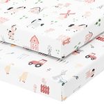 Pack and Play Sheets Fitted – Compatible with Graco Pack n Play Playard Crib and Other 27 x 39 Inch Playpen Mattress – Snuggly Soft 100% Jersey Cotton – Farm Animals – 2 Pack