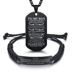 Set of 2 Gift to Son from Mom and Dad You Will Never Lose Customized Dog Tag Necklace with Adjustable Bracelet Braided for Graduation Birthday Valentines Gifts(Stainless steel, Black), 2pcs, Stainless