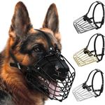 German Shepherd Dog Muzzle Metal Basket for Medium Large Dogs Adjustable Durable Leather Straps Secure Wire Mask for Biting Chewing Barking (Black, L - Size)