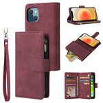 RANYOK Wallet Case for iPhone 14 [6.1 inch] with RFID Blocking Credit Card Holder, Premium PU Leather [Zipper Pocket] Flip Folio Case Wallet with Wrist Strap Kickstand Protective Case (Wine Red)