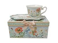 Lightahead® New Bone China Unique Tea Coffee Cup 10 oz and Snack Saucer Set in a Reusable Handmade Gift Box with Ribbon elegant floral design in attractive gift box