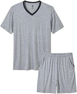MoFiz Mens Pajama Set Summer Pjs Sleepwear Nightwear Lightweight Quick Dry Soft Short Sleeve V-Neck Pjs Sleep Set With Pocket, 7-light Grey, Small