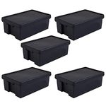 (Set of 5) 36L Litre Black Bam Recycled Heavy Duty Plastic Storage Boxes with Secure Lid Stackable and Nestable Storage Containers Organizing Basket Great For Home & Office Storage Solution