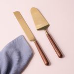 The Hosting Collection Cake Cutting Knife Server Serrated Knife Set of 2 Dessert Server Gold with Mango Wood Handle