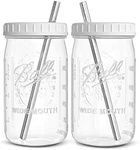 Reusable Wide Mouth Smoothie Cups Boba Tea Cups Bubble Tea Cups with Lids and Silver Straws Mason Jars Glass Cups (2-pack, 32 oz mason jars)