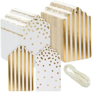 120 Pcs Gold Foil Paper Gift Tags with String for Christmas, Weddings, Party Favors, Stripes and Polka Dots Design (1.8 x 3.2 in)