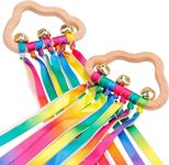 2PCS Sensory Wooden Ring Baby Toys - Babies Rainbow Ribbon Rattle Toy Educational Toddler Play Toy with Bells