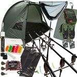 Complete Carp Fishing Set up with Shelter Bivvy Rods Reels Alarms Net & Tackle (3-Rod Setup)