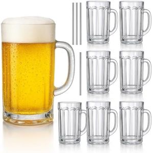 ZENFUN 8 Pack Glass Beer Mugs, 14 Oz Heavy Wine Glasses with Handle & Stainless Steel Straws, Summer Beer Glass Steins Pub Drinking Mugs for Juice, Iced Tea