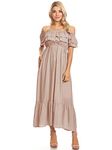 ANNA-KACI Womens Boho Peasant Ruffle Stretchy Short Sleeve Long Dress, Taupe, X-Large