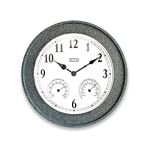 PKVM 1978 20 inch Indoor/Outdoor Faux Concrete Finish Waterproof Wall Clock, with Thermometer and Hygrometer. Battery Operated Round Clock. Decorative Clock for Patio/Home