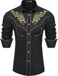 JoZorro Men's Long Sleeve Pearl Snap Shirt Rhinestone Cowboy Cut Western Embroidered Casual Button Down Shirt, Black Gold, Large