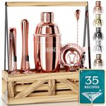 BARE BARREL® Cocktail Kit | Mixology Bartender Kit | Martini Cocktail Shaker Set | Home Bartending Bar Accessories | Farmhouse Rustic Portable Stand & 35 Recipe Cards | Gift Set (Rose Gold)