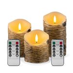 Aku Tonpa Birch Bark Effect Flameless Candles Battery Operated Pillar Real Wax Flickering Electric LED Candle Sets with Remote Control Cycling 24 Hours Timer, 4" 5" 6" Pack of 3