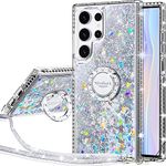 Silverback for Samsung Galaxy S24 Ultra Case with Ring, Women Girls Bling Holographic Sparkle Glitter Cute Cover,Diamond Ring Protective Phone Case for Galaxy S24 Ultra - Clear Silver