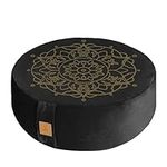 Embroidered Meditation Pillow D=41cm H=14cm Round Velvet Meditation Cushion Yoga Bolster Floor Pouf Zafu Buckwheat hulls Sitting on Floor Organic Cotton Cover Large Kneeling Pillow - Black&Yellow