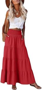 ANRABESS Womens Maxi Skirts, Elastic High Waist A-Line Tiered, Long Flowy Boho Skirts, Summer Casual Beach & Vacation Wear Red L