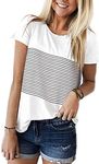 ZAWAPEMIA Women's Striped T-Shirt Crew Neck Triple Color Block Short Sleeve Tops Casual Blouse White