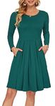 AUSELILY Women's Long Sleeve Pleated Loose Swing Casual Dress with Pockets Knee Length Dark Green