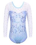 BAOHULU Gymnastics Leotard for Girls Long Sleeve Shiny Diamond Ballet Dance One Piece Outfit, Sleeved Dots Blue, 11-12 Years