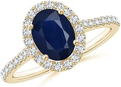 Angara Natural Blue Sapphire Ring for Women | Prong-Set Oval Blue Sapphire Halo Ring with Diamond Accents in Yellow Gold | September Birthday, Gemstone Jewelry Gift | A | 8x6mm | Ring Size- 7.5