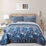 WONGS BEDDING Blue Floral Quilt Set California King, 3 Pieces Botancal Leaves Bedspread Coverlet Set with 2 Pillowcases for All Season, Soft Microfiber Floral Bedding Set 106"×96"